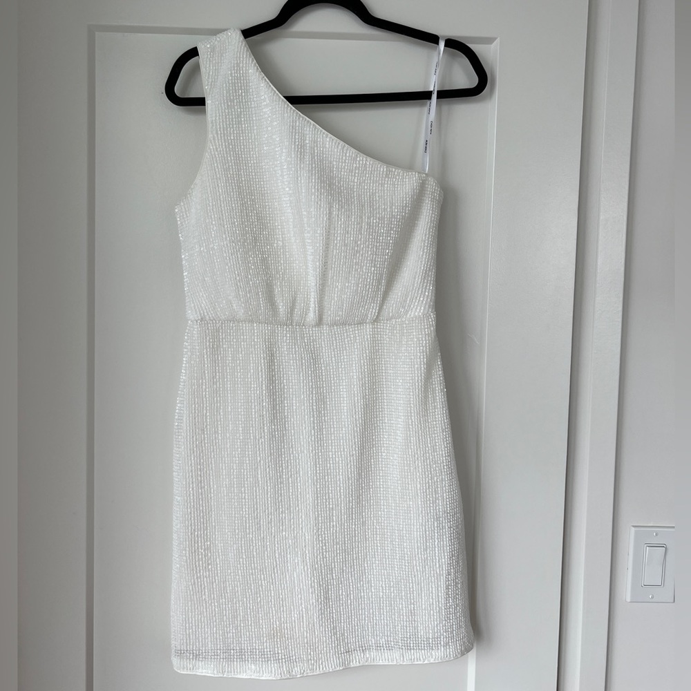 Ever New One-Shoulder White Beaded Mini Dress